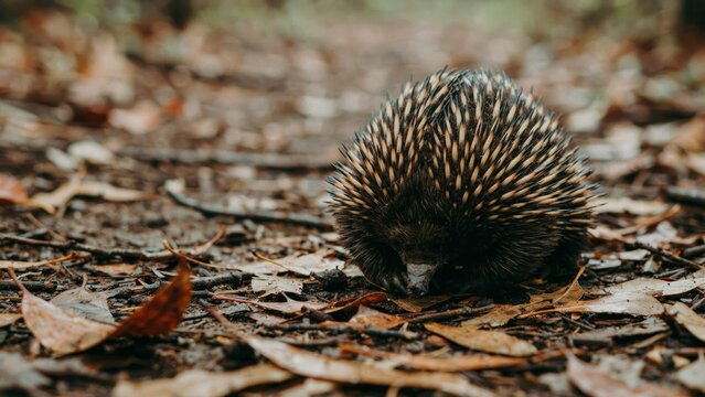 Short-beaked echidna foraging on the forest floor among autumn leaves.