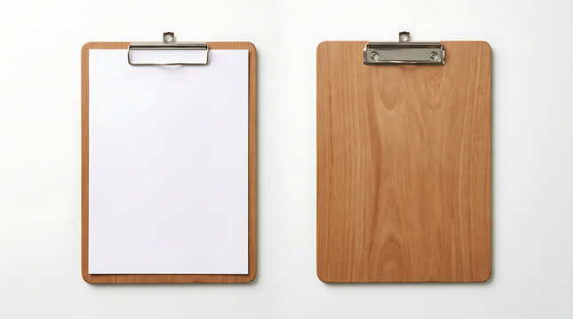 Two wooden clipboards, one with a blank white sheet of paper and one empty, isolated on white background