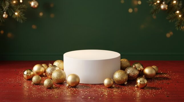 Empty white cylindrical podium surrounded by shiny gold Christmas ornaments decorations
