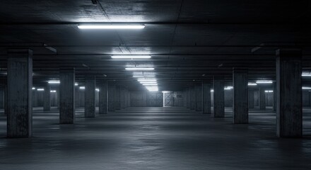 Obraz premium Empty Underground Parking Garage with Dim Lighting.