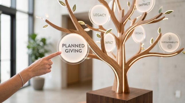 Planned giving illuminated tree sculpture with glowing circular text displays values and donations in modern interior lobby.