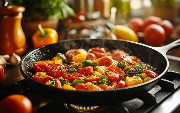 Saut?ed vegetables in a cast iron skillet, steam rising.
