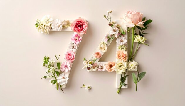 Elegant Number Seventy Four Decorated With Beautiful Fresh Spring Flowers