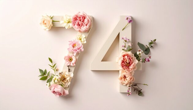 Number 74 decorated with elegant blooming flowers on a soft light backdrop