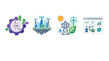 Fototapeta premium Green energy systems and smart urban infrastructure icon collection in a flat vector illustration style for sustainable utility management and digital technology branding