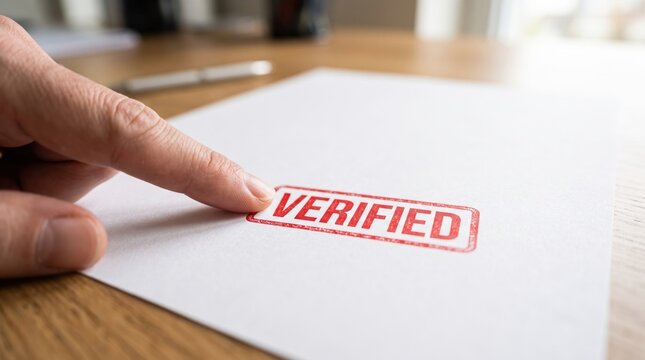 Verified stamp on paper document, hand pointing at official mark, concept of validation