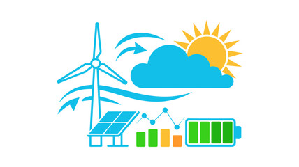Naklejka premium Renewable energy vector concept, wind turbine and solar panel power generation, green battery storage and eco technology icon