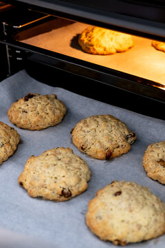 Baking cookies. Pastry preparation. Crunchy dough cereal raisins round pieces placed on white parchment paper sheet tray in lighted oven.
