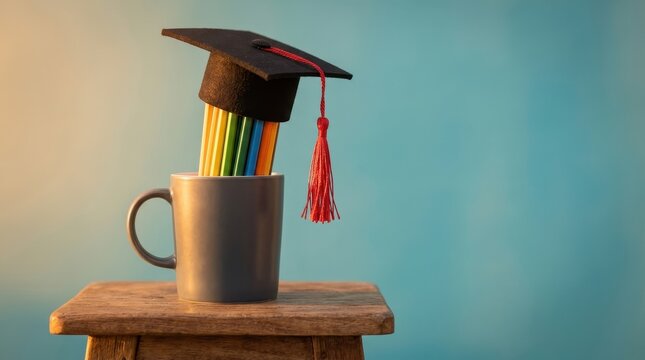 Graduation cap atop colorful pencils inside gray ceramic coffee mug cup