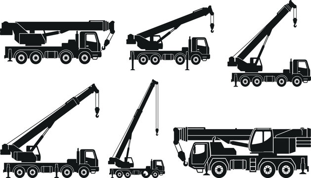 Set of black mobile crane silhouettes in various telescopic boom positions isolated on a clean white background