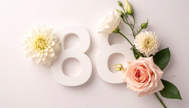 White number 86 with beautiful flowers on soft light background