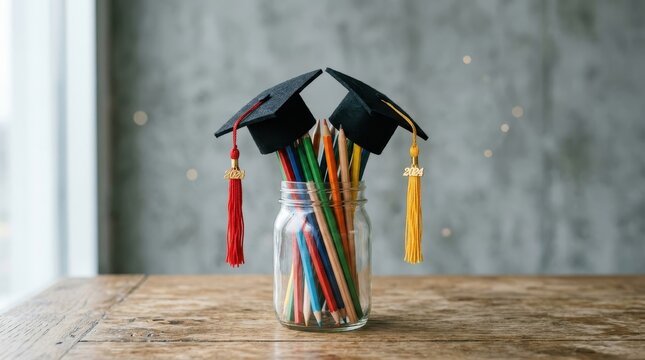 Colored pencils in glass jar wearing small graduation caps for celebration