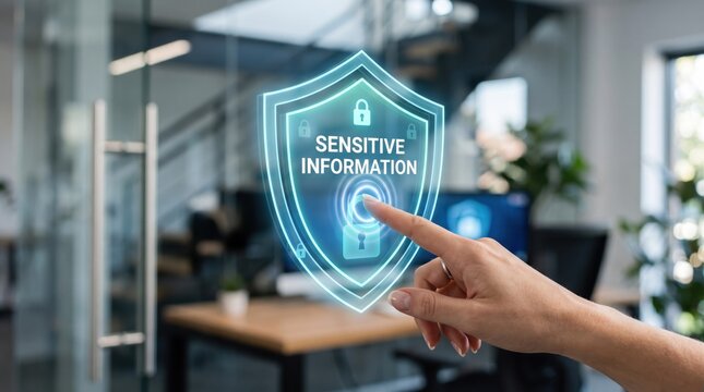 Finger touching holographic shield sensitive information icon. Cyber security concept. Digital safety protection interface. Business network technology defense.