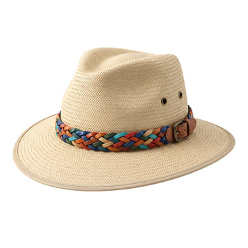 Summer straw panama hat with braided colorful band suitable for travel fashion apparel png.