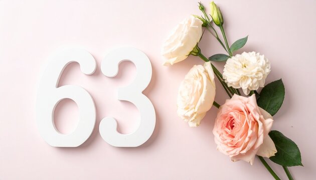 Number 63 with elegant flowers on a soft light pink backdrop