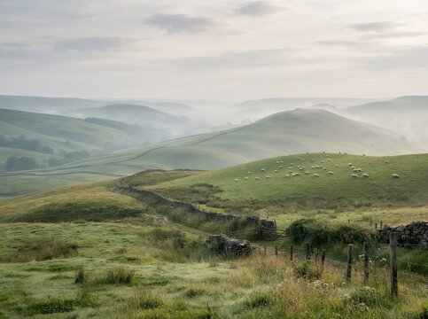 Misty Rolling Hills with Ancient Stone Wall in the English Countryside.