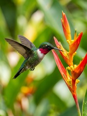 Fototapeta premium Ruby throated hummingbird feeding on a tropical flower.