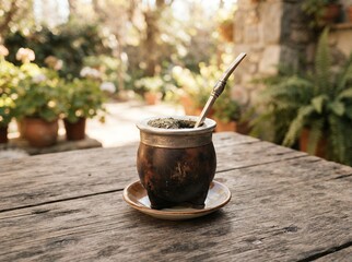 Fototapeta premium Traditional Yerba Mate Drink in a Gourd Cup on a Wooden Table Outdoors.