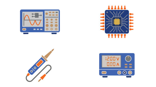 Electronic testing equipment and hardware repair icons flat vector illustration for circuit engineering and technical workshop services
