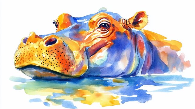 Watercolor painting of a hippopotamus head emerging from the water.