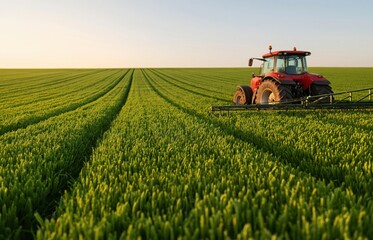 Fototapeta premium Agriculture tractor spraying fertilizer on rural field crops during sunset time