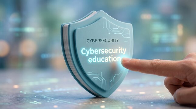 Cybersecurity education, hand touching blue digital shield icon, online learning and safety training concept for awareness and internet protection