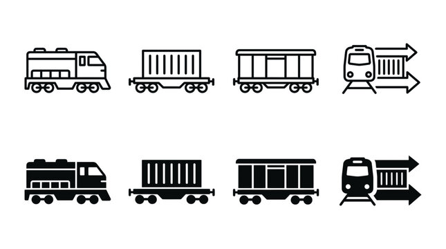 Set of freight train and cargo car icons in outline and solid styles with container transportation locomotive