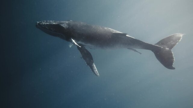 Humpback whale calf swimming underwater in deep blue ocean water.