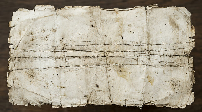 Aged, weathered, and frayed piece of parchment paper with visible creases, texture, and stains against a dark wooden surface