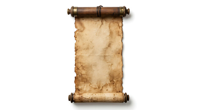 Old parchment paper scroll with wooden rollers isolated on white background