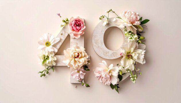 Floral Number 49 Decorated with Delicate Flowers on Neutral Background