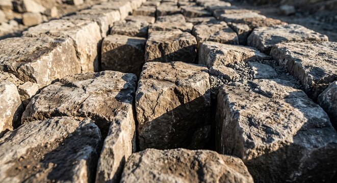 Close up of a rough stone telford foundation base for road construction