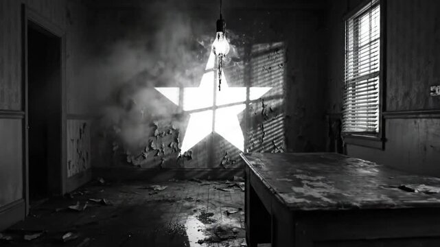 Spooky black and white room with peeling paint and a bright star shining on the wall