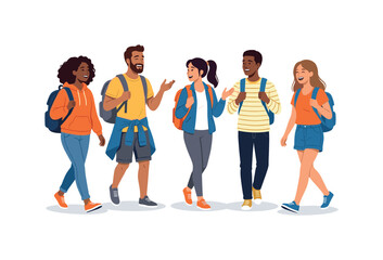 Obraz premium Diverse group of young friends walking outdoors with backpacks and smiling