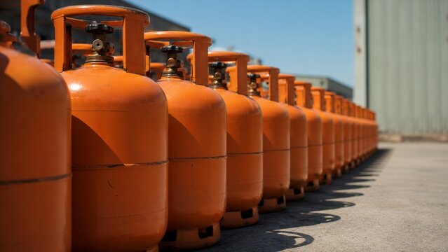 LPG Gas Cylinders in Industrial Storage Facility, Propane Tank Distribution and Energy Supply Concept