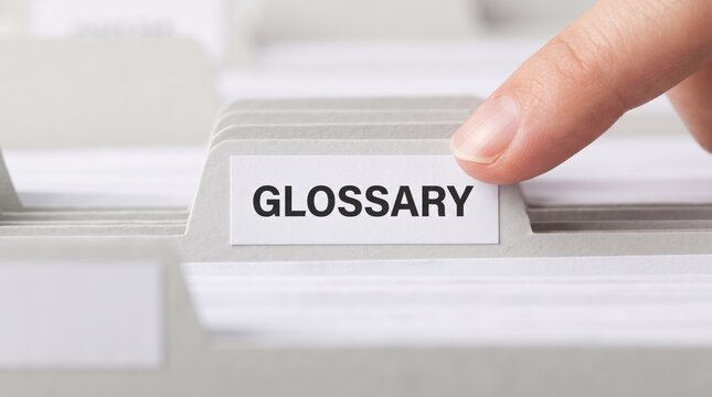 Glossary file tab, Index finger selecting document folder, Business reference concept