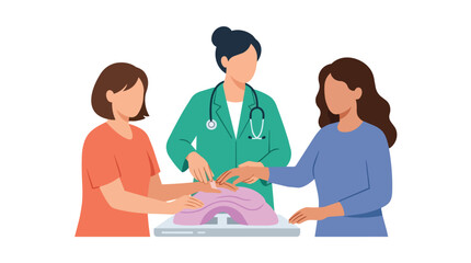 Fototapeta premium Medical practitioner explaining anatomical health to women using a medical model in flat vector illustration for healthcare education and preventative clinical services
