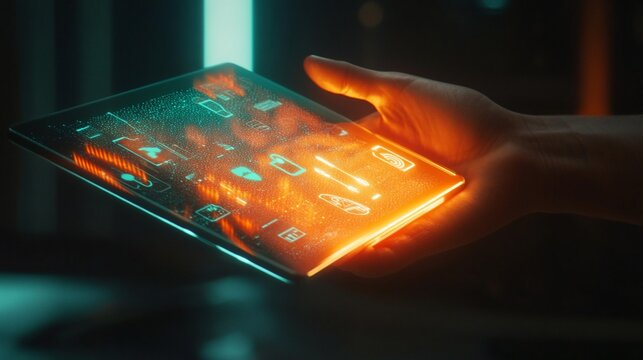 Futuristic tablet, hand-held, glowing interface, neon background, tech demo