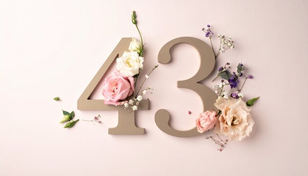 Number 43 decorated with delicate flowers on a soft light background