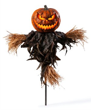 Scarecrow with a glowing pumpkin head for a spooky halloween horror decoration