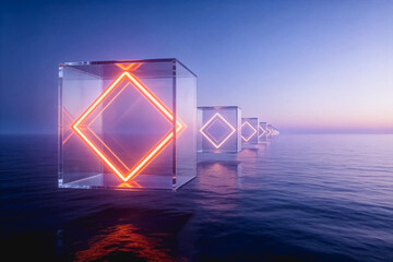 Fototapeta premium Transparent cubes with glowing neon symbols float on calm water during a twilight scene.