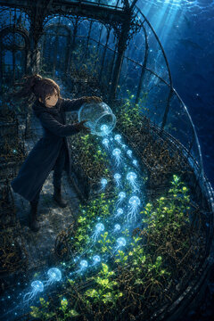 Anime illustration of a girl releasing glowing blue jellyfish from a glass jar in a sunken Victorian greenhouse under the sea，海底に沈んだヴィクトリア調の温室で、ガラス瓶から光る青いクラゲを放つ少女のアニメイラスト