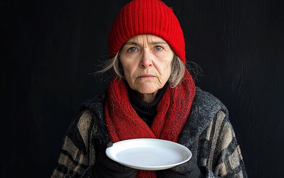 A homeless woman holding an empty plate, looking directly at the camera with a sad expression.