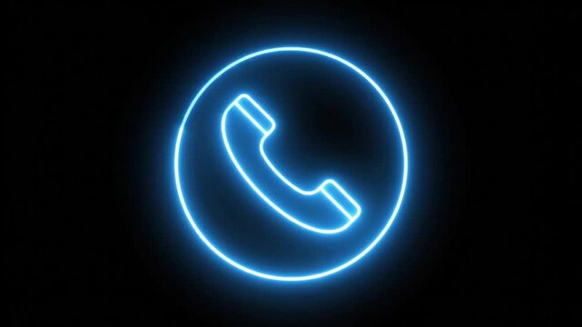 Neon blue telephone icon glowing on black background. Futuristic phone call symbol for communication. Digital contact us sign for tech support.