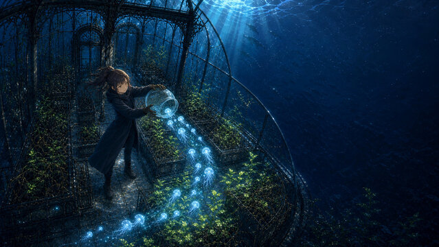 Panoramic anime illustration of a girl releasing glowing blue jellyfish from a glass jar in a sunken Victorian greenhouse under the sea，海底に沈んだヴィクトリア調の温室で、ガラス瓶から光る青いクラゲを放つ少女のパノラマアニメイラスト