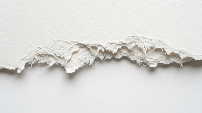 Torn white handmade paper edge texture with fibrous deckle fibers, isolated on white background
