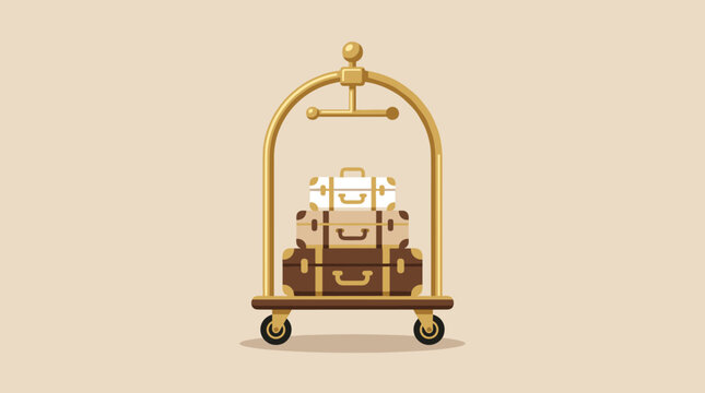 Golden luggage cart stacked with vintage suitcases on a neutral background