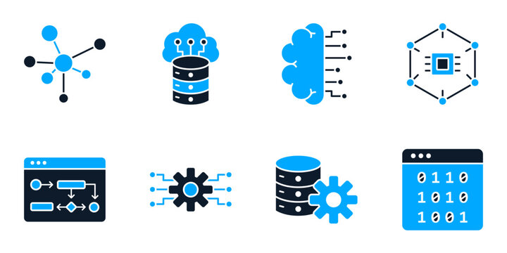 Deep learning AI icon set collection featuring neural network, data flow, connected nodes, algorithm flowchart, machine learning curve, spinning gears, binary stream vector illustration