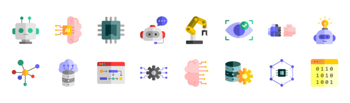 Future tech AI icon set collection featuring humanoid robot, cognitive brain, chatbot, robotic arm, neural network, data stream, algorithm flowchart, binary code