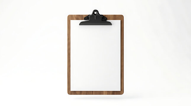 Wooden clipboard with blank white paper isolated on white background